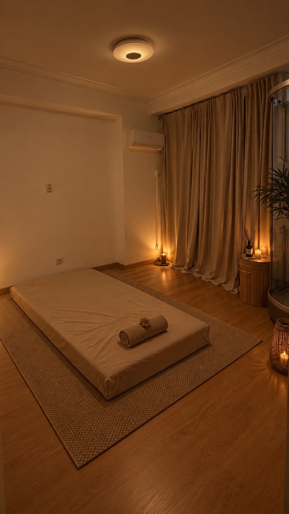 Zona de massagem com marquesa e iluminação suave